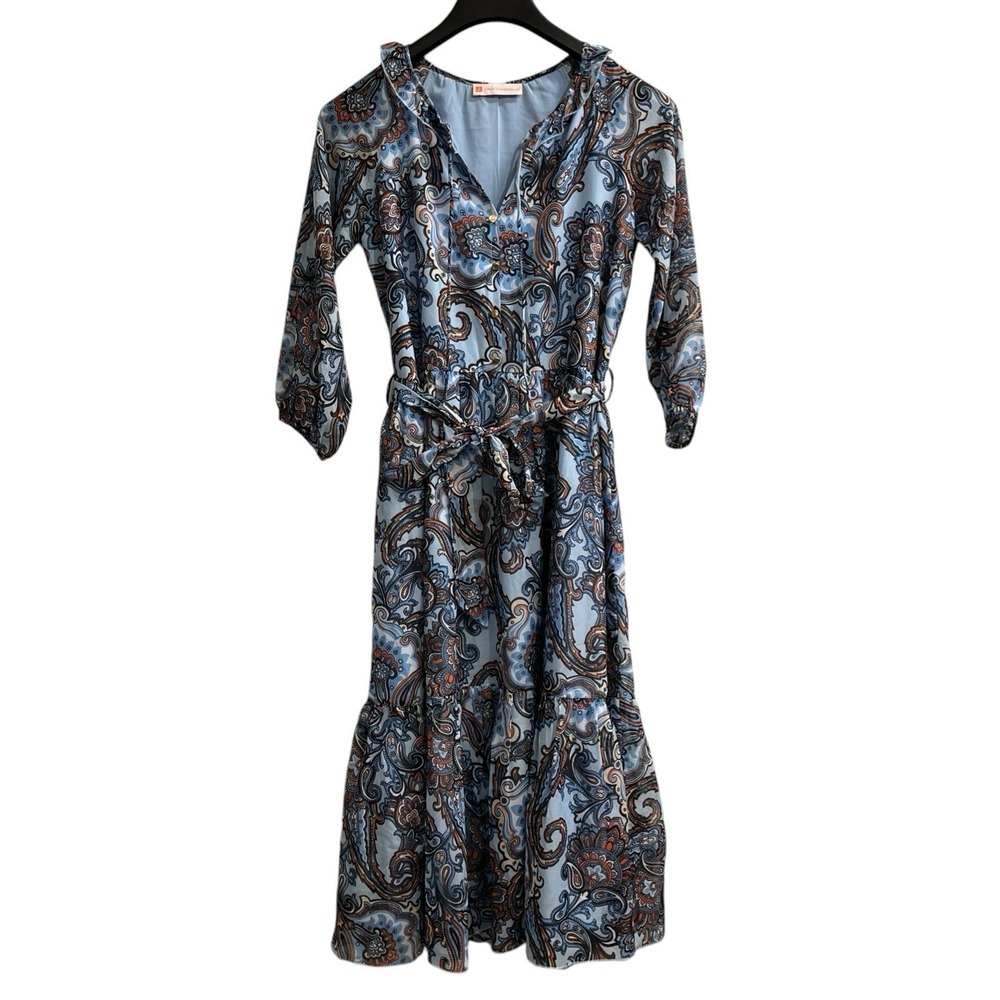Jude Connally Jordana Voile Maxi Dress Womens S Blue Paisley Satin Tiered Event